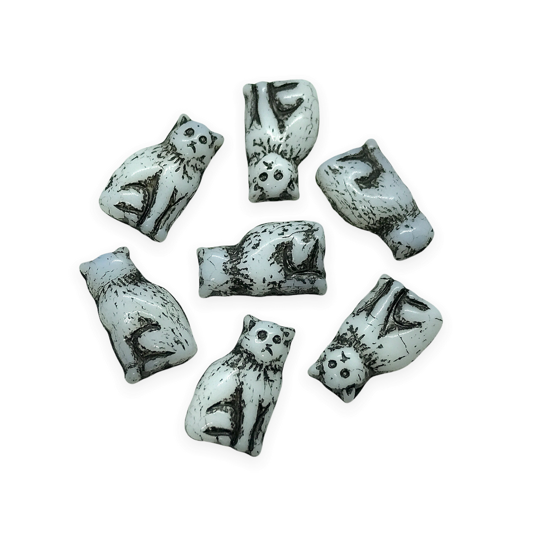 Czech glass small seated cat beads 12pc white black inlay 15mm vertical drill-Orange Grove Beads