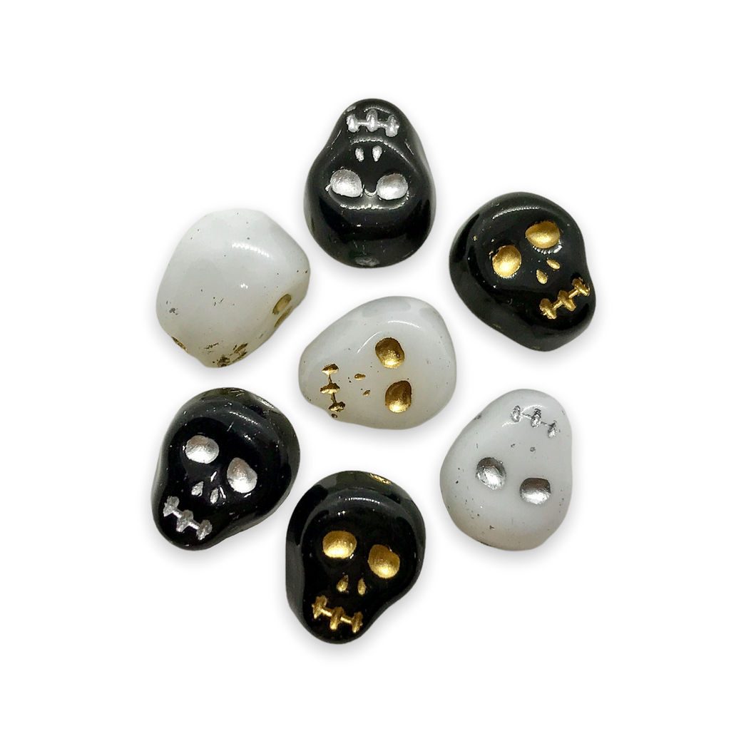 Czech glass skull beads charms12pcs Halloween black white gold silver mix 12mm-Orange Grove Beads