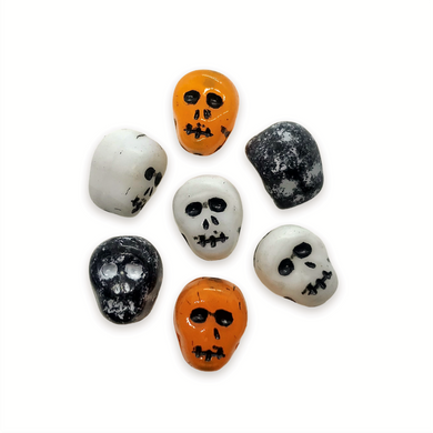 Czech glass skull shaped beads 12pcs Halloween colors mix orange black white-Orange Grove Beads