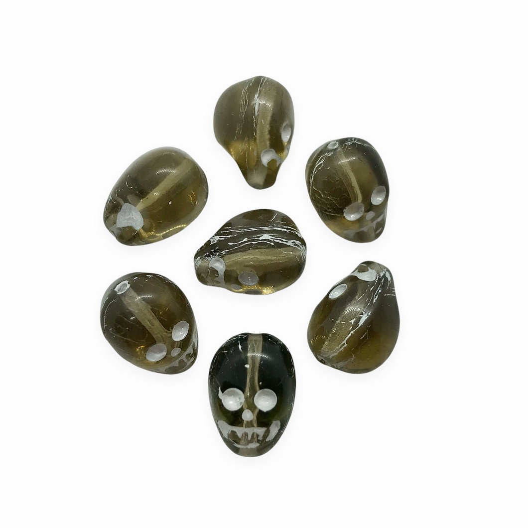 Czech glass Halloween skull beads 6pc black diamond with white decor 14mm-Orange Grove Beads