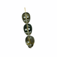 Load image into Gallery viewer, Czech glass Halloween skull beads 6pc black diamond with white decor 14mm
