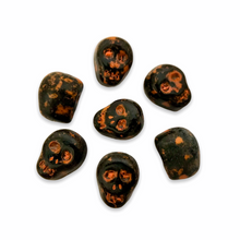 Load image into Gallery viewer, Czech glass Halloween skull beads 8pc opaque black orange patina 12mm-Orange Grove Beads
