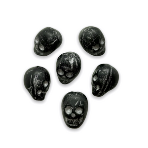 Czech glass large skull beads 6pc black with silver decor 14mm-Orange Grove Beads