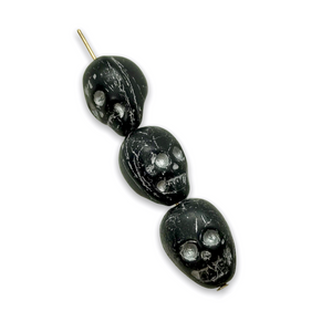 Czech glass large skull beads 6pc black with silver decor 14mm