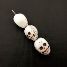 Load image into Gallery viewer, Czech glass skull beads 6pc opaque white with brown decor 14mm
