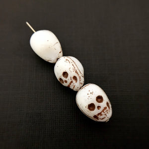 Czech glass skull beads 6pc opaque white with brown decor 14mm