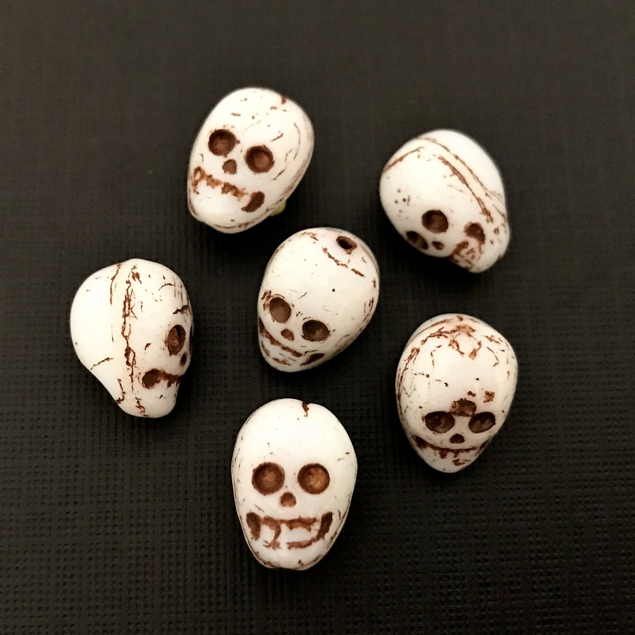 Czech glass skull beads 6pc opaque white with brown decor 14mm – Orange  Grove Beads