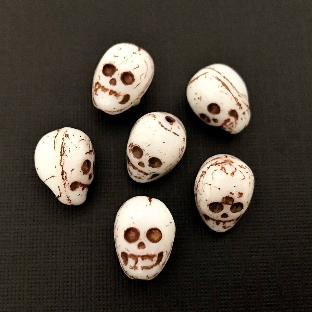 Czech glass skull beads opaque white with brown decor 14mm-Orange Grove Beads