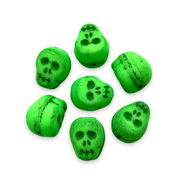 Czech glass skull beads charms 8pc UV neon green 12mm-Orange Grove Beads