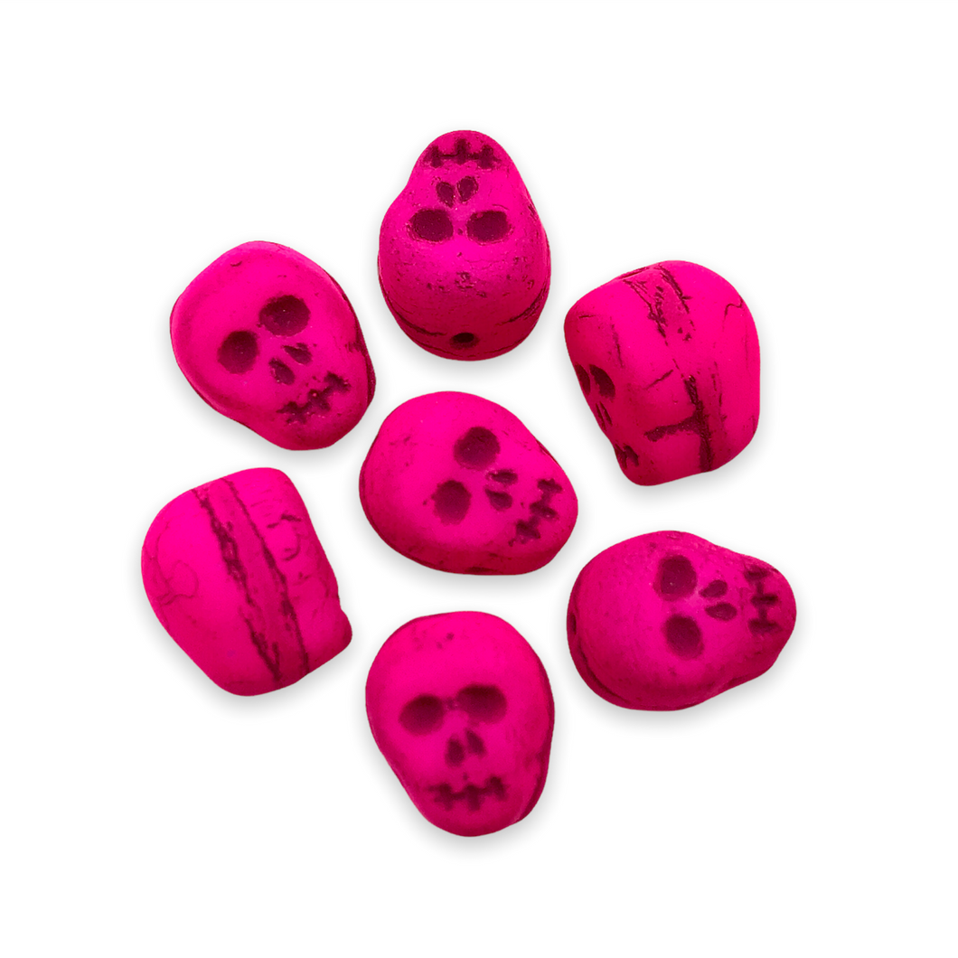 Czech glass skull beads charms 8pc UV neon pink 12mm-Orange Grove Beads