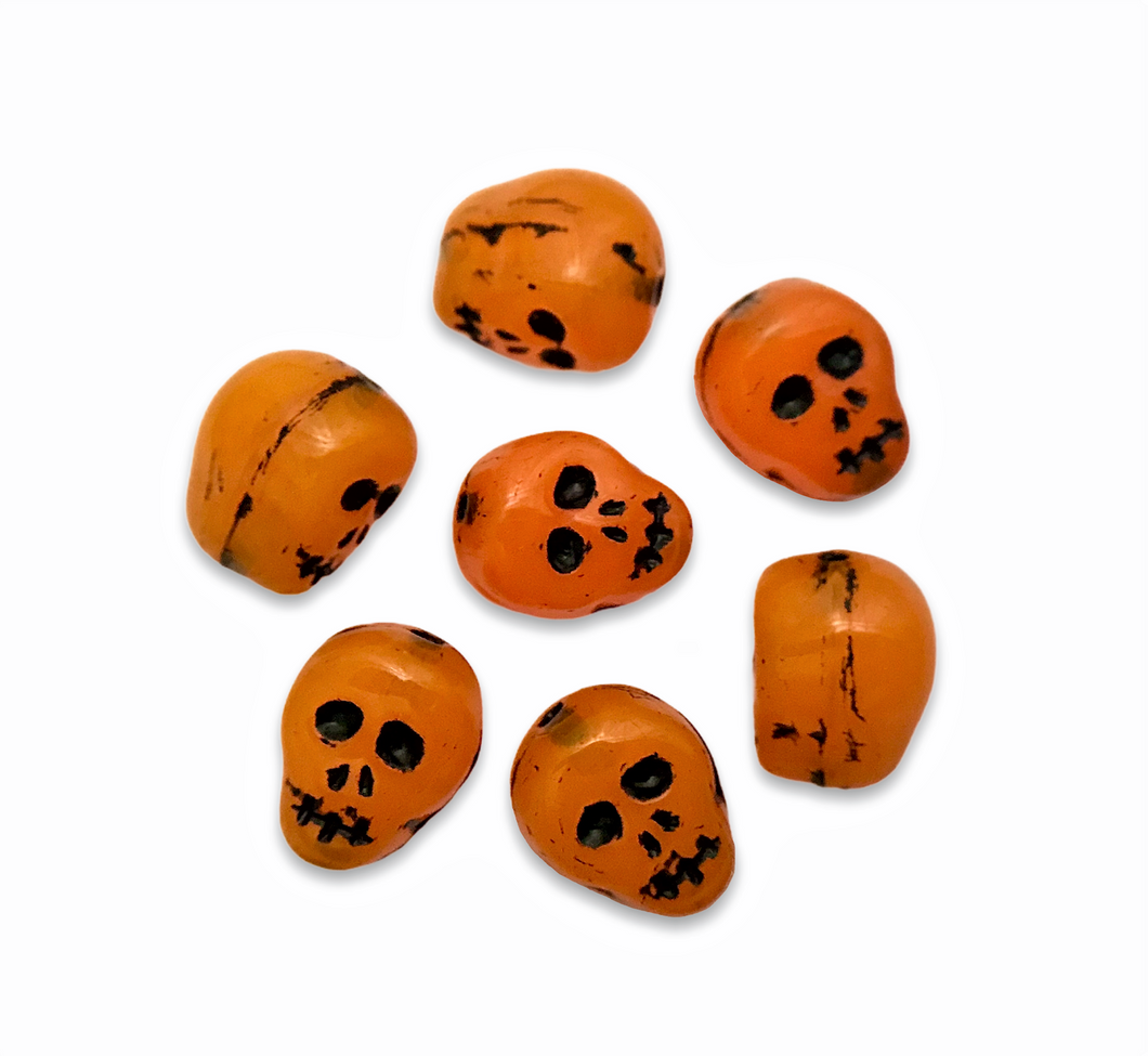 Czech glass Halloween skull beads 8pc milky orange with black 12mm-Orange Grove Beads
