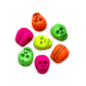 Czech glass skull beads charms 8pc UV neon rainbow mix 12mm-Orange Grove Beads