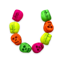 Load image into Gallery viewer, Czech glass skull beads 8pc UV neon rainbow mix 12mm
