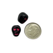Load image into Gallery viewer, Czech glass skull beads 8pc shiny black pink decor 12mm
