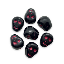 Load image into Gallery viewer, Czech glass skull beads 8pc shiny black pink decor 12mm
