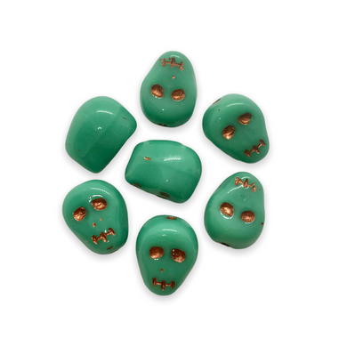 Czech glass skull beads charms 8pc shiny turquoise copper decor 12mm-Orange Grove Beads