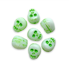Load image into Gallery viewer, Czech glass skull beads charms 8pc white green wash 12mm-Orange Grove Beads

