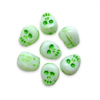 Czech glass skull beads charms 8pc white green wash 12mm-Orange Grove Beads