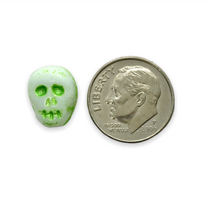 Czech glass skull beads 8pc white green wash 12mm
