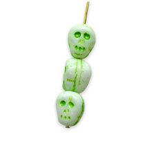 Load image into Gallery viewer, Czech glass skull beads 8pc white green wash 12mm
