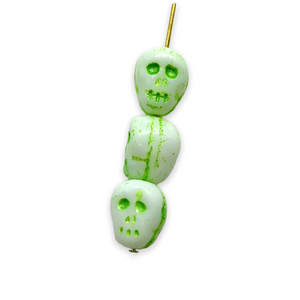 Czech glass skull beads 8pc white green wash 12mm