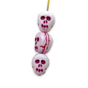Czech glass skull beads 8pc white purple wash 12mm