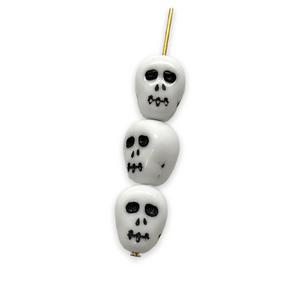 Czech glass skull beads charms 8pc shiny opaque white black inlay 12mm
