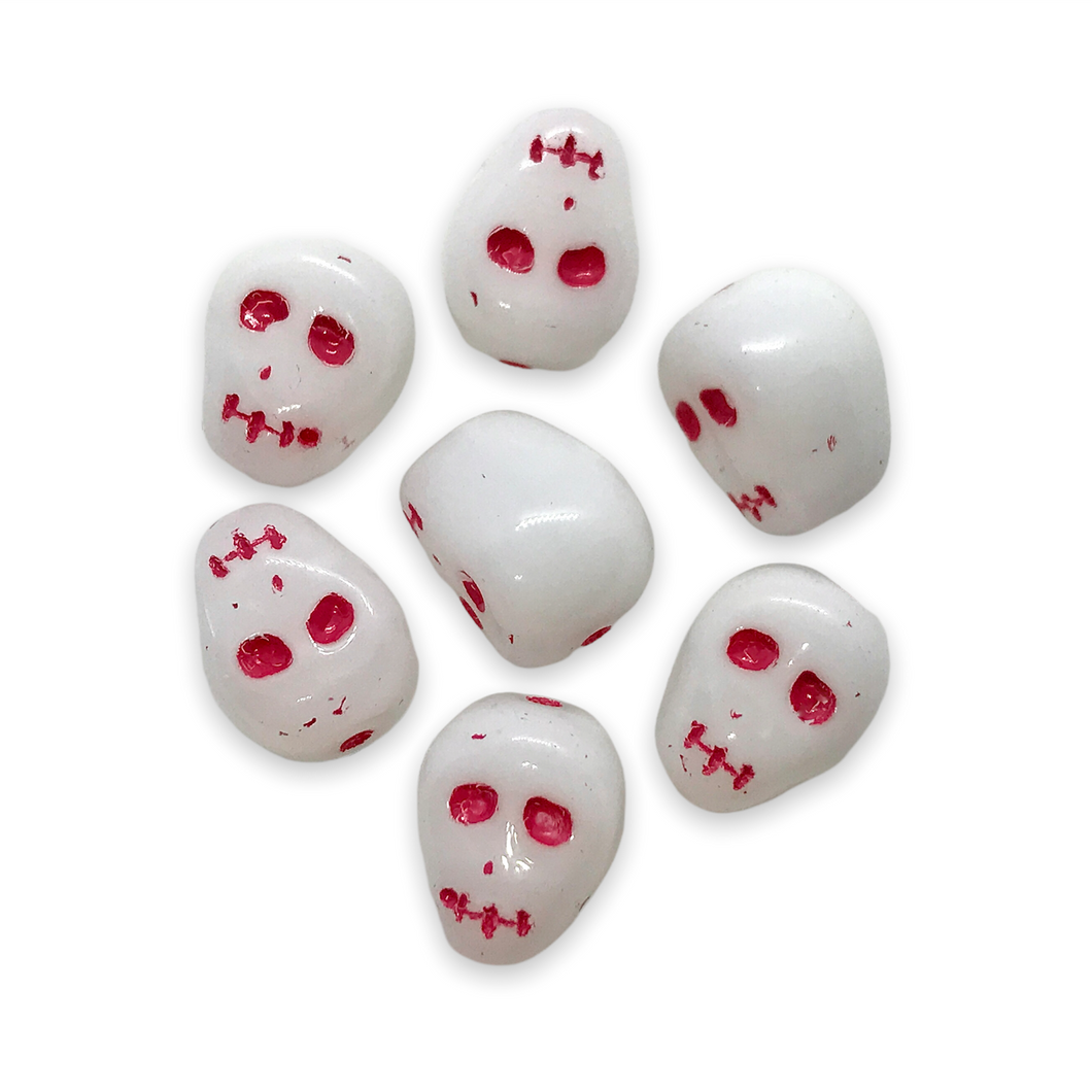 Czech glass skull beads charms 8pc opaque white pink inlay 12mm-Orange Grove Beads