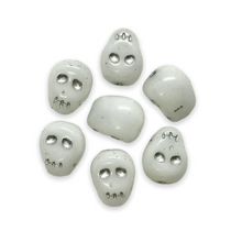 Load image into Gallery viewer, Czech glass skull beads charms 8pc opaque white silver inlay 12mm-Orange Grove Beads

