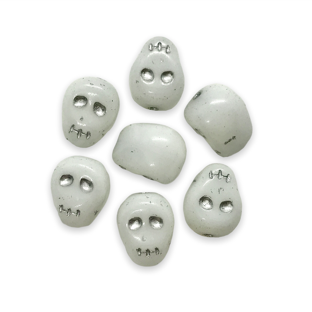 Czech glass skull beads charms 8pc opaque white silver inlay 12mm-Orange Grove Beads