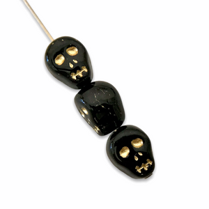 Czech glass skull beads 8pc shiny black gold decor 12mm