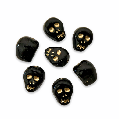 Czech glass skull beads 8pc shiny black gold decor 12mm-Orange Grove Beads