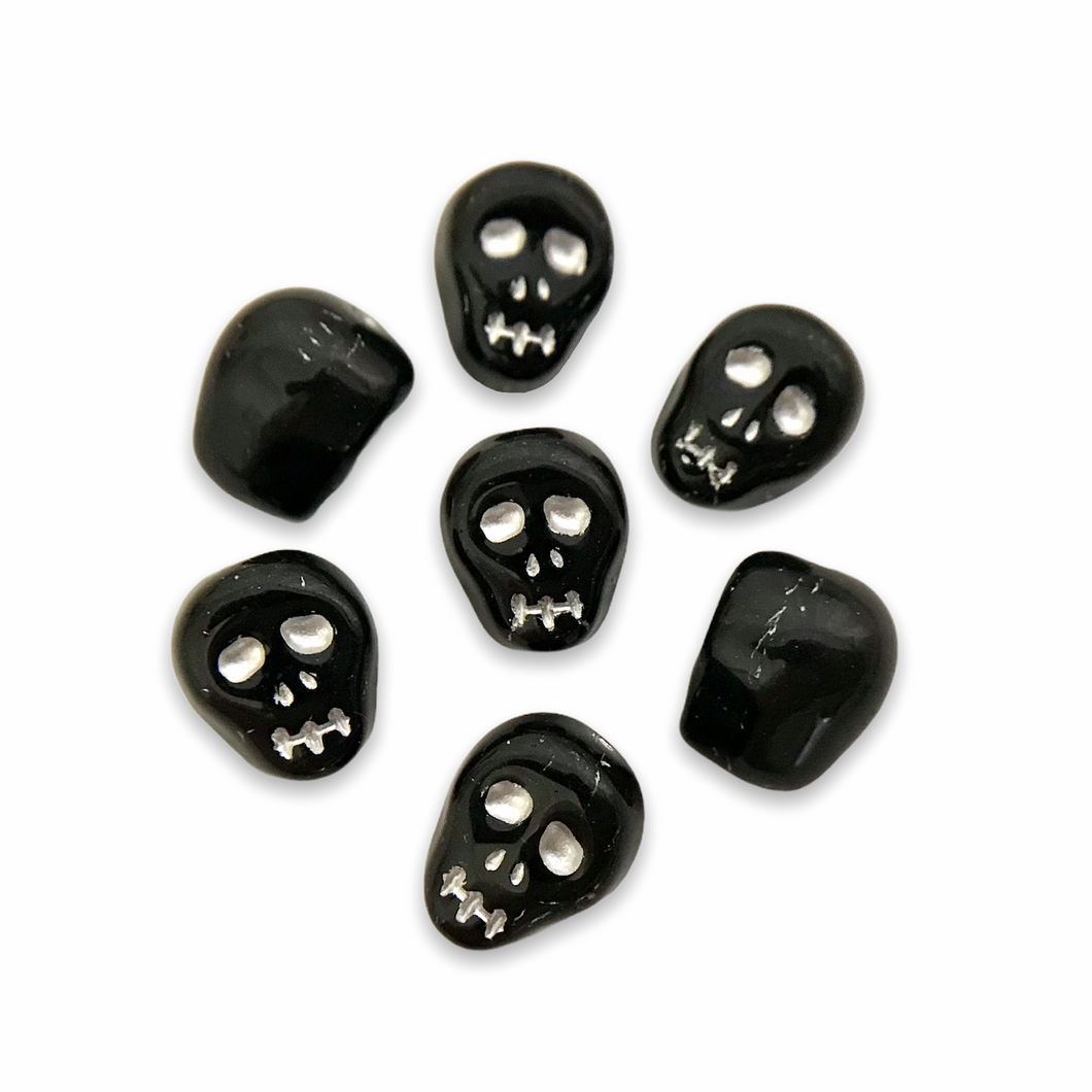 Czech glass skull beads 8pc shiny opaque black silver decor 12mm-Orange Grove Beads