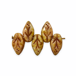 Czech glass small leaf beads 85pc caramel brown picasso 10x6mm