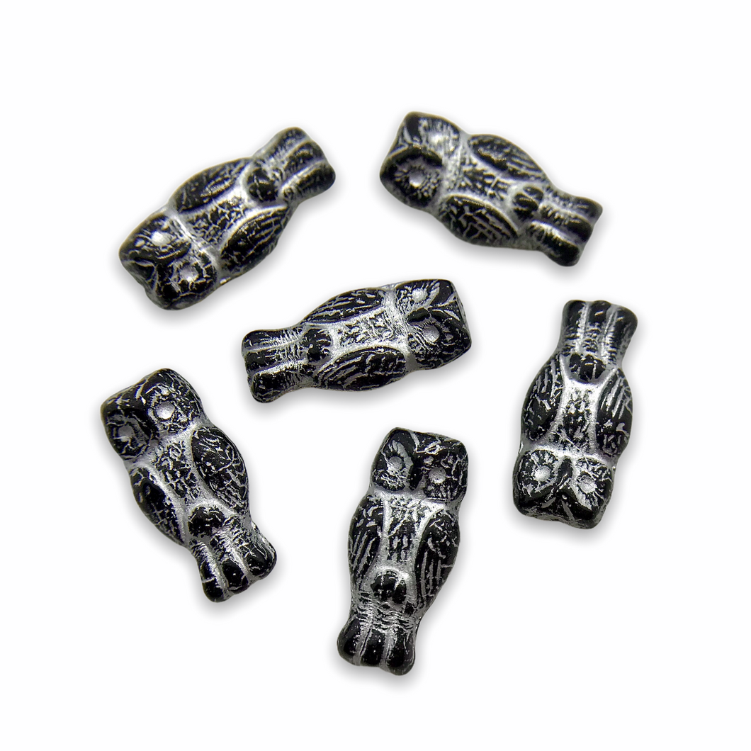 Czech glass owl beads 10pc jet black silver inlay 15x7mm-Orange Grove Beads