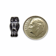 Load image into Gallery viewer, Czech glass small owl beads 15pc jet black silver inlay 15x7mm
