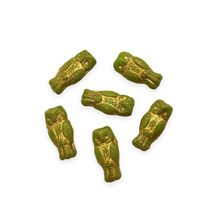 Load image into Gallery viewer, Czech glass owl beads 10pc opaque green gold 15x7mm-Orange grove Beads

