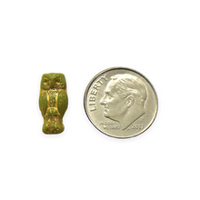 Load image into Gallery viewer, Czech glass small owl beads 15pc opaque green gold 15x7mm
