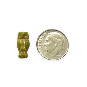 Czech glass small owl beads 15pc opaque green gold 15x7mm