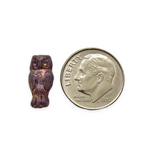 Load image into Gallery viewer, Czech glass small owl beads charms 15pc plum purple metallic AB 15x7mm
