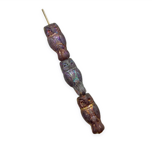 Czech glass small owl beads 15pc plum purple metallic AB 15x7mm