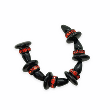 Load image into Gallery viewer, Czech glass black witch hat beads with silver orange rhinestone rondelles 6 sets (18pc)-Orange Grove Beads

