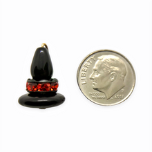 Load image into Gallery viewer, Czech glass black witch hat beads with black orange rhinestone rondelles 6 sets (18pc)
