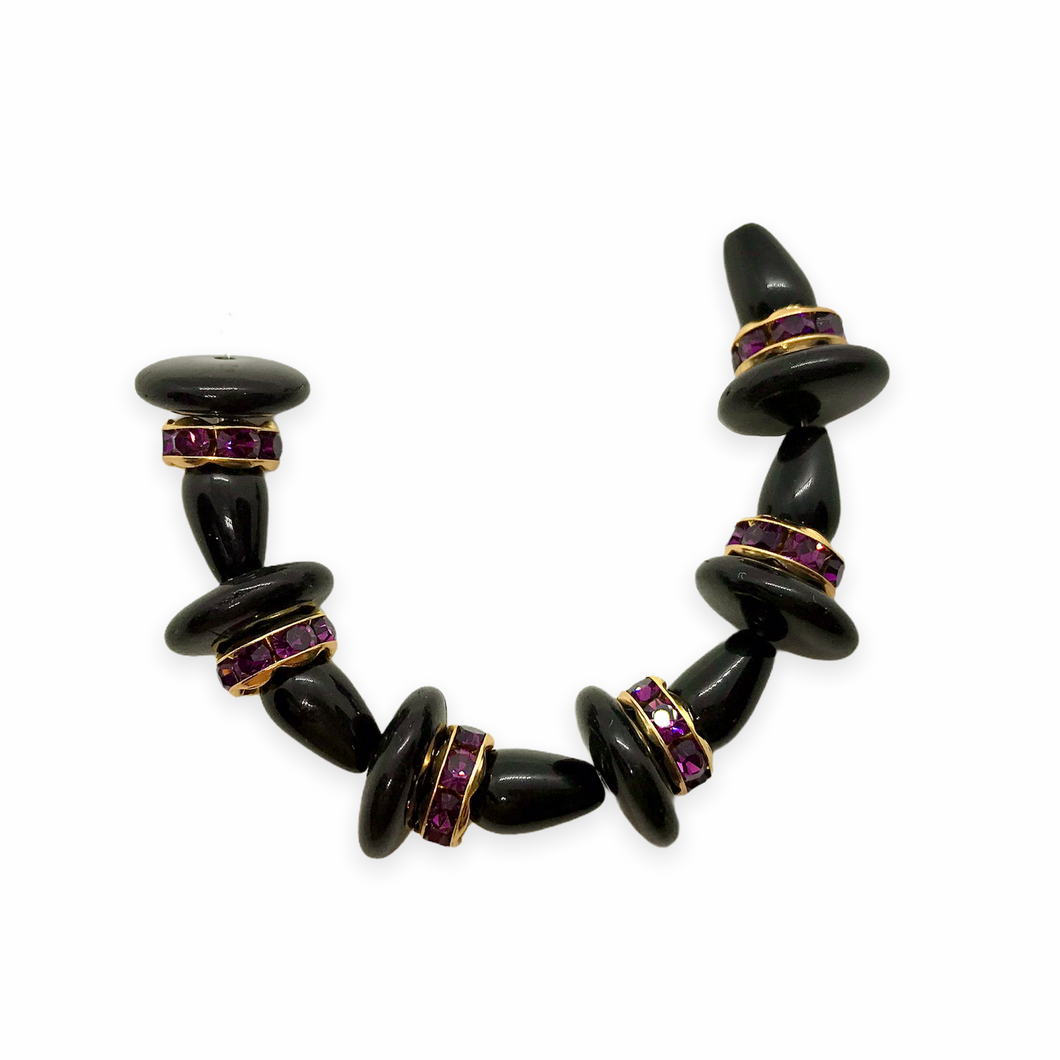 Czech glass black witch hat beads amethyst purple rhinestone rondelles 6 sets (18pc)-Orange Grove Beads