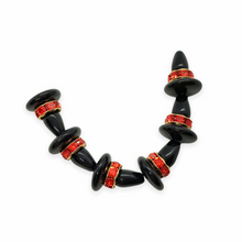 Load image into Gallery viewer, Czech glass black witch hat beads with gold orange rhinestone rondelles 6 sets (18pc)-Orange Grove Beads
