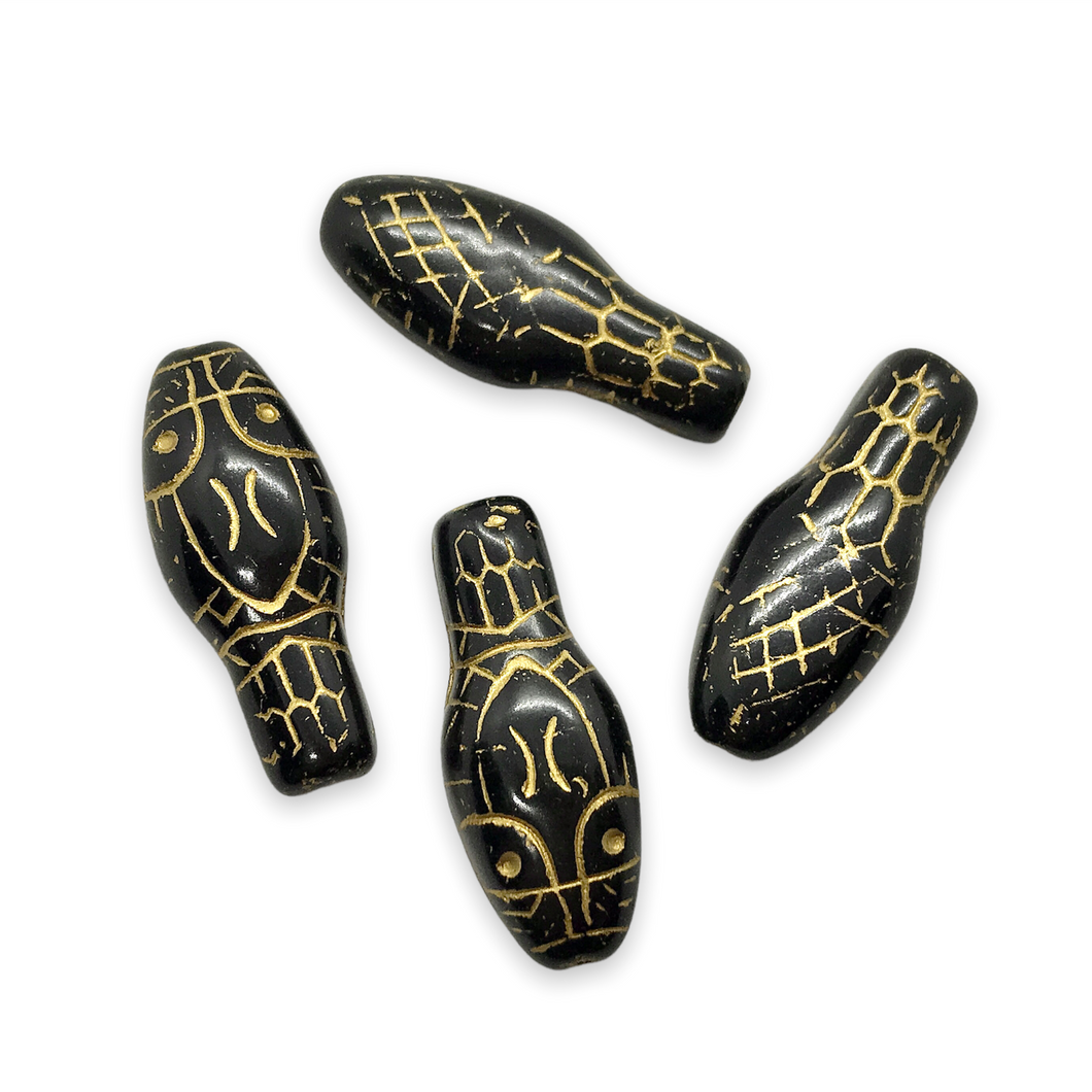 Czech glass snake head beads 4pc opaque jet black gold 30x12mm-Orange Grove Beads