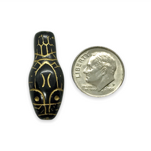 Load image into Gallery viewer, Czech glass snake head beads 4pc opaque jet black gold 30x12mm
