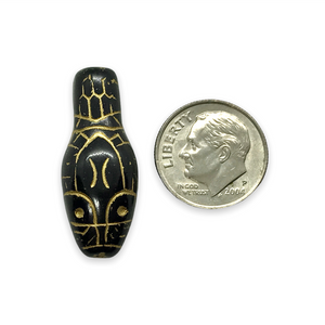 Czech glass snake head beads 4pc opaque jet black gold 30x12mm