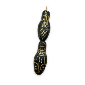 Czech glass snake head beads 4pc opaque jet black gold 30x12mm