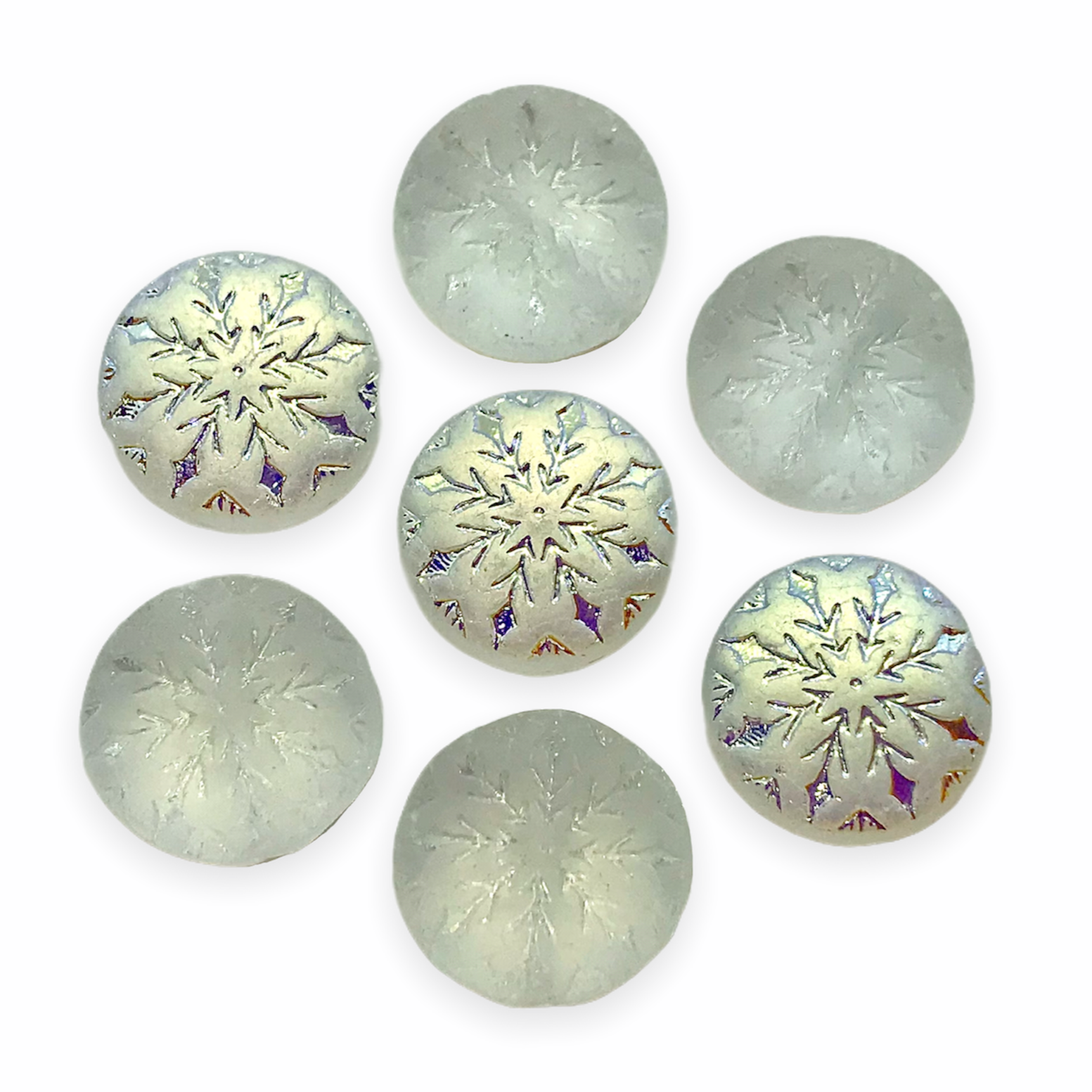 Czech glass snowflake coin beads 10pc frosted crystal AB 12mm 1